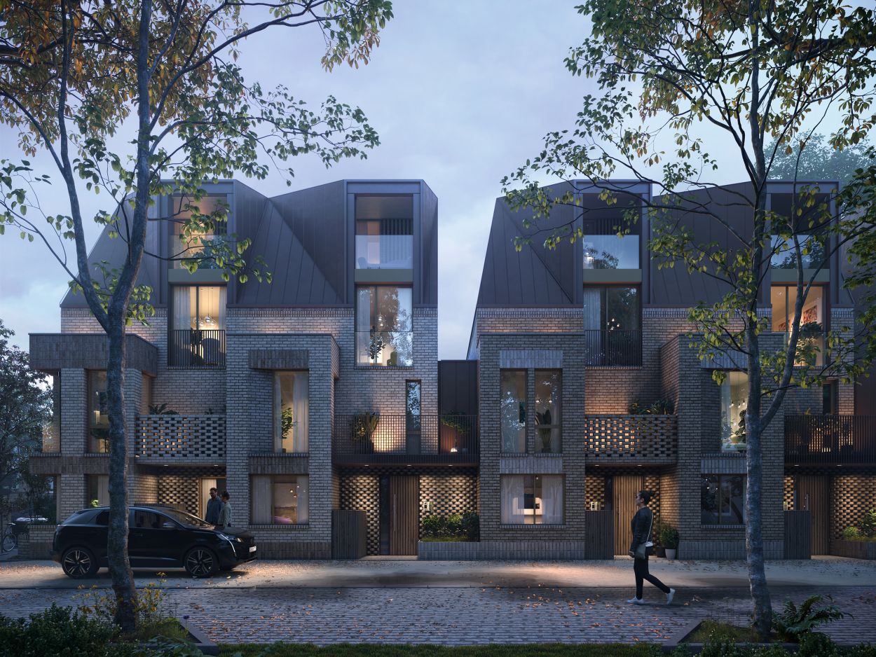 contemporary architectural design of a terrace of brick houses with zinc roofs and recess entrances. A mews style new development with a private access road and off-street parking..