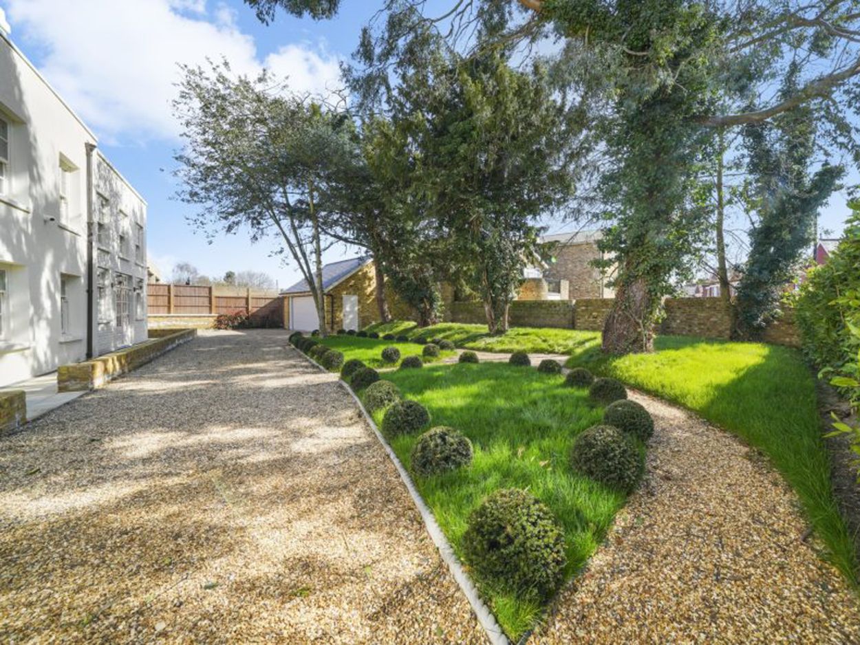 gravel driveway with trees.