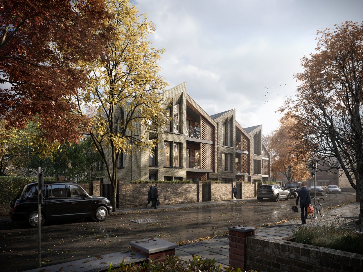 Modern brick house on a London street in autumn.